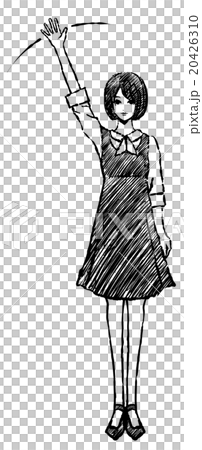 女性 白黒 手を振るのイラスト素材