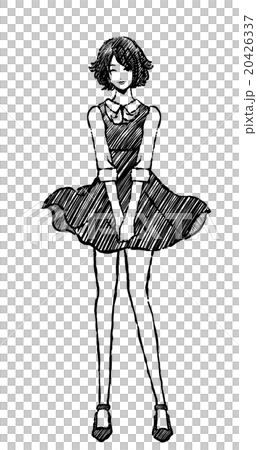女性 / 白黒 / スカートを押さえる 20426337