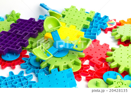 Plastic toy blocks on white background 20428135