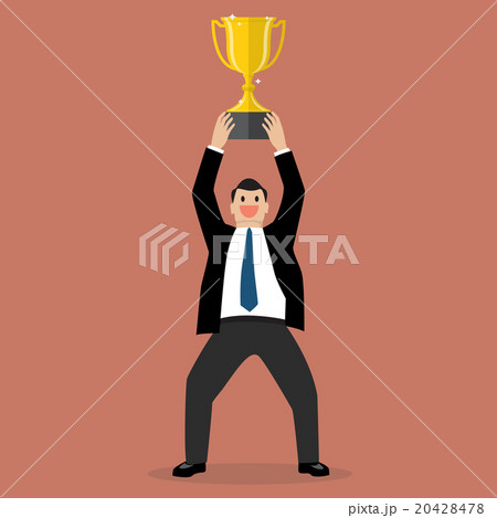 Businessman holding up a winning trophy 20428478