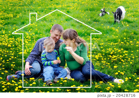 home, happiness and real estate concept - happy smiling family w home, happiness and real estate concept - happy smiling family w 20428716