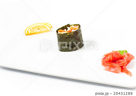 Salmon and caviar rolls served on a plate 20431289