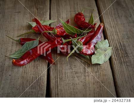 red pepper and bay leaves on wooden background 20432738