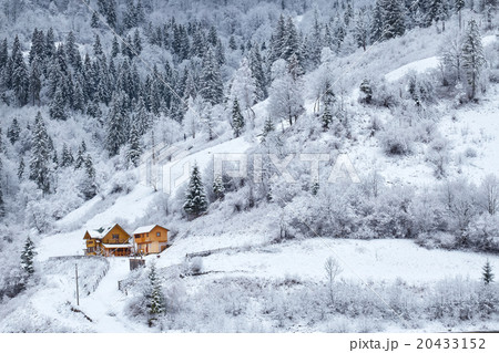 Snowy forest with house on mountain slope 20433152