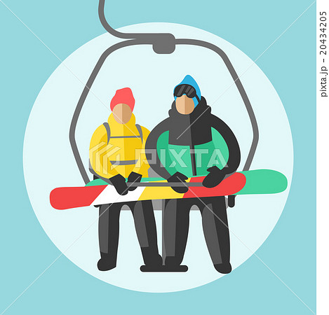 Snowboarder sitting in ski gondola and lift 20434205