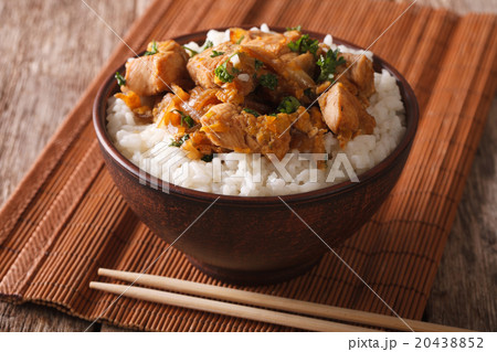 Homemade oyakodon and rice close-up in a bowl 20438852