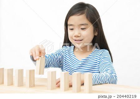 ドミノで遊ぶ女の子 積み木遊び 小学生 女の子 ドミノ 積み木の写真素材