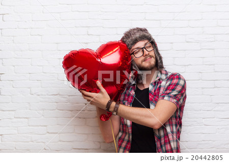 Man Hug Red Heart Shape Baloon Close Eyes Hipster Man Hug Red Heart Shape Baloon Close Eyes Hipster 20442805