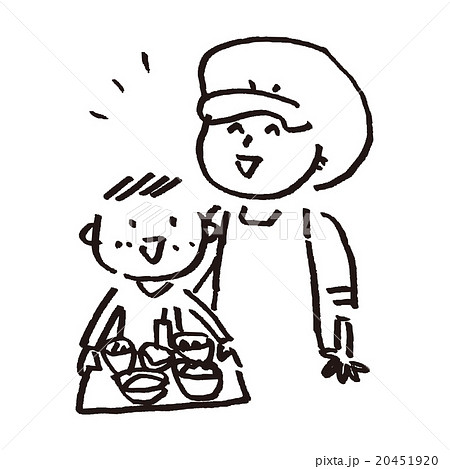 給食のおばさんと小学生 手描き モノクロのイラスト素材 4519