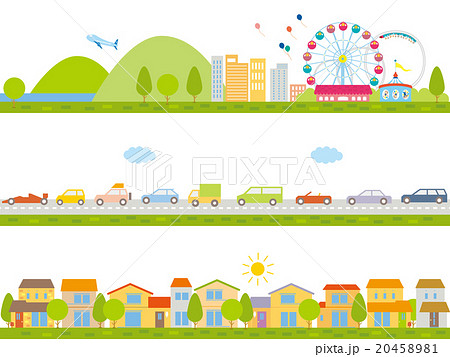 行楽地と車と家が並んだ街並セットのイラスト素材 4581