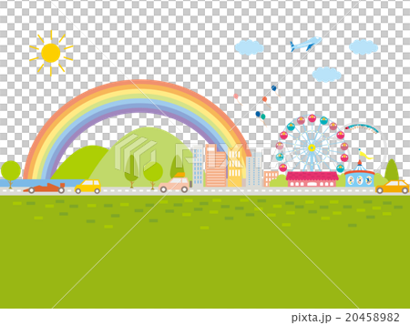 A city with a rainbow and a recreation area, a car and a house lined up 20458982