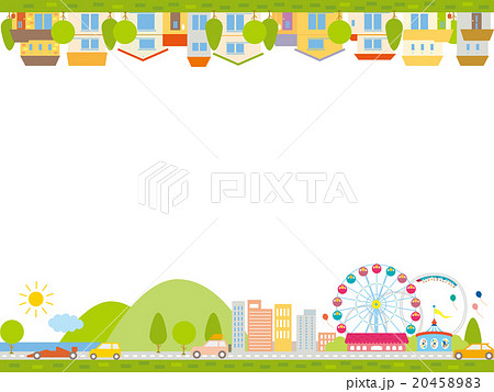 行楽地と車と家が並んだ街並フレームのイラスト素材 45