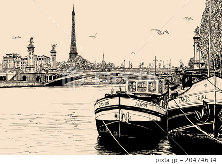 view of seine river in Paris with barges  20474634