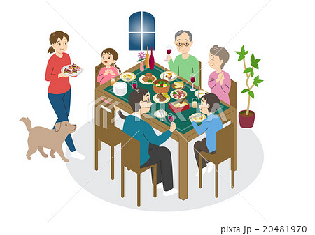 三世代 家族 食事 夕食 Dinner Timeのイラスト素材