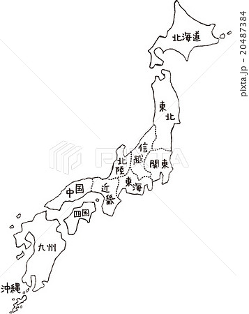 手書きの日本地図イメージ モノクロ 地面抜き 地区表示のイラスト素材