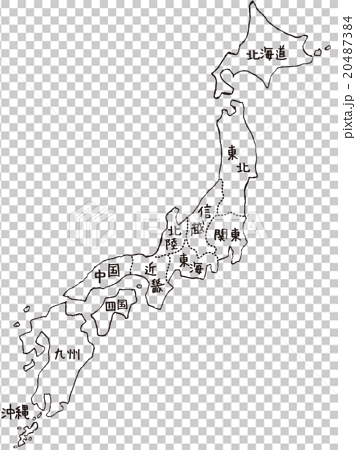 手書きの日本地図イメージ モノクロ 地面抜き 地区表示のイラスト素材