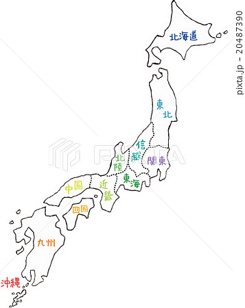 手書きの日本地図イメージ モノクロ 地面あり 地区カラー表示の