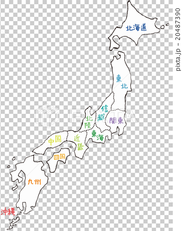 手書きの日本地図イメージ モノクロ 地面あり 地区カラー表示のイラスト素材
