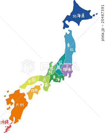 手書きの日本地図イメージ モノクロ 地面カラー 地区カラー表示のイラスト素材
