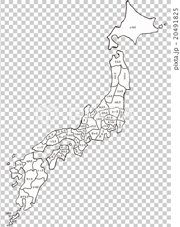 手書きの日本地図イメージ モノクロ 地面あり 都道府県表示のイラスト素材 4915