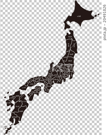 手書きの日本地図イメージ モノクロ 都道府県表示 都道府県別オブジェクトのイラスト素材 4916