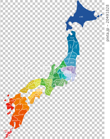 手書きの日本地図イメージ カラフル 都道府県表示 都道府県別オブジェクトのイラスト素材 4918