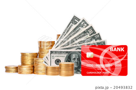 Many coins in column, dollars and credit card 20493832