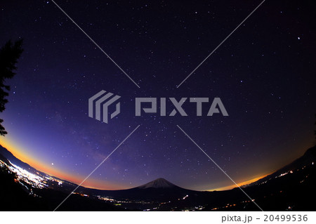 富士山と並んだ５惑星（魚眼レンズによる撮影－右から、木・土・火・金・水） 20499536