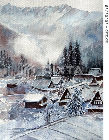 世界文化遺産 五箇山　平村　相倉地区　水彩画 20502729