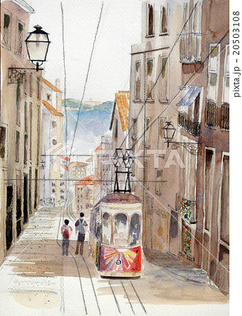 リスボンの町と路面電車のスケッチ 20503108