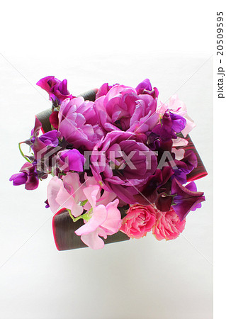 紫のチューリップとミニバラとスイートピーのアレンジ（縦　全体　ミニバラ右手前） 20509595