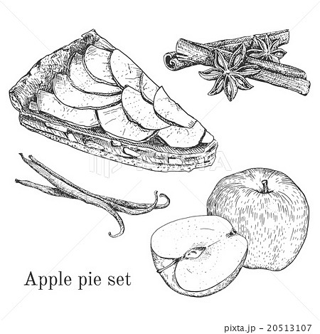 Ink Apple Pie Set With Apples Cinnamon Vanilla のイラスト素材