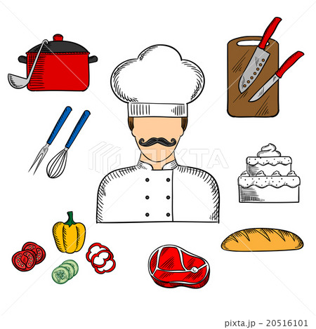 Cook or chef with food and kitchenware 20516101