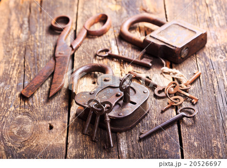 old locks and keys on wooden table 20526697