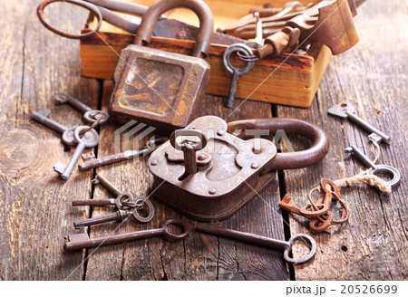 old locks and keys on wooden table old locks and keys on wooden table 20526699