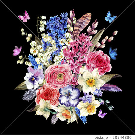 Watercolor  vintage flowers bouquet in the nest 20544880