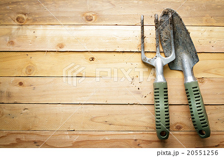 Small gardening shovel and fork on wooden. 20551256