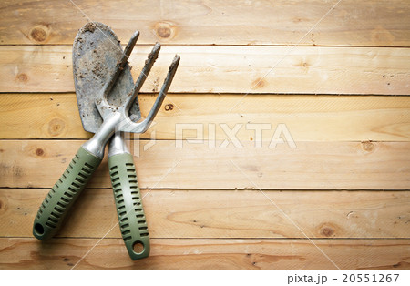 Small gardening shovel and fork on wooden. 20551267