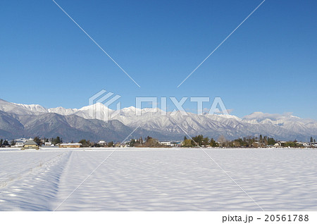 信州 冬の安曇野と北アルプス 常念岳を望む 安曇野冬景色 雪原とアルプス 広角横 信州 冬の安曇野と北アルプス 常念岳を望む 安曇野冬景色 雪原とアルプス 広角横 20561788