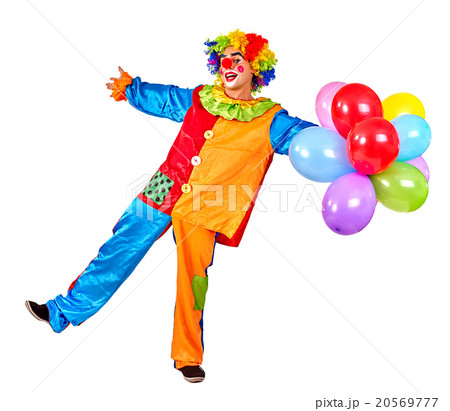 Happy birthday clown holding a bunch of balloons Happy birthday clown holding a bunch of balloons 20569777