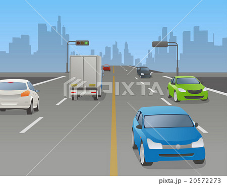 4車線道路と信号のある交差点 様々な自動車 ベクターイラストのイラスト素材