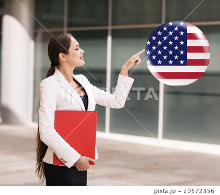 Woman point on the bubble with USA flag Woman point on the bubble with USA flag 20572356