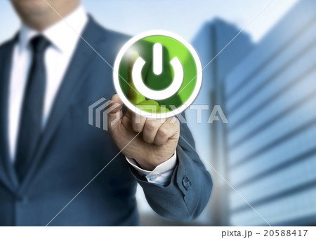 Man pushes power button concept background Man pushes power button concept background 20588417