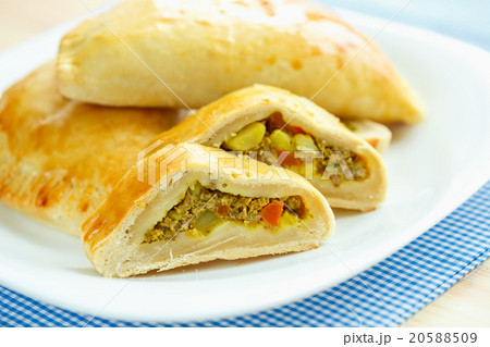 Tasty cake stuffed with meat on a white plate Tasty cake stuffed with meat on a white plate 20588509