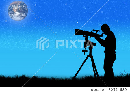 silhouette of young man looking through a telescope at night  ba 20594680