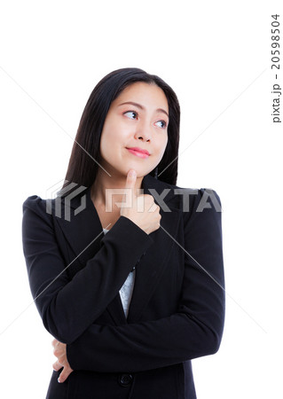 Thinking woman with thumb on her chin. Isolated 20598504