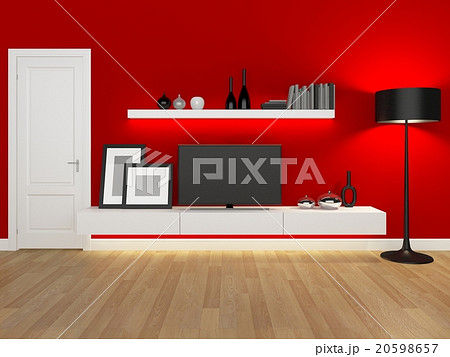 red living room with tv stand and bookcase  20598657