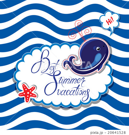 Funny Card with blue whale on striped background. 20641528