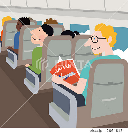 飛行機内で日本のガイドブックを見る白人男性のイラスト素材