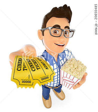 3D Young teen with movie tickets and popcorn 20650485